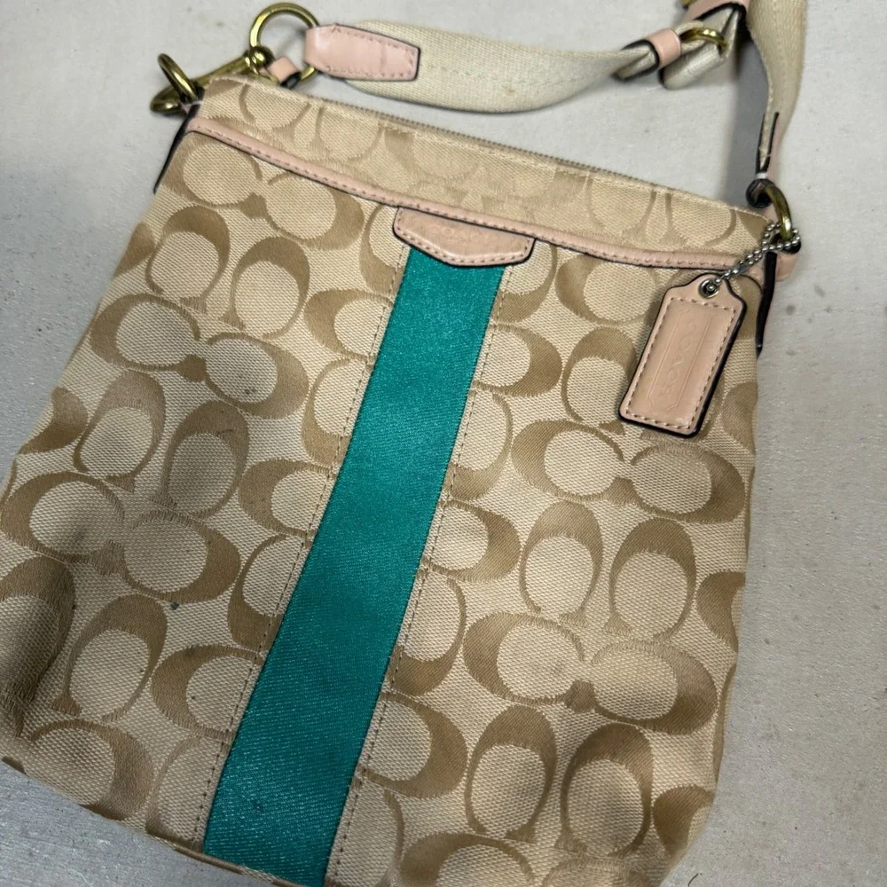 Coach Signature File Bag Khaki Teal Stripe Jacquard Crossbody Handbag
